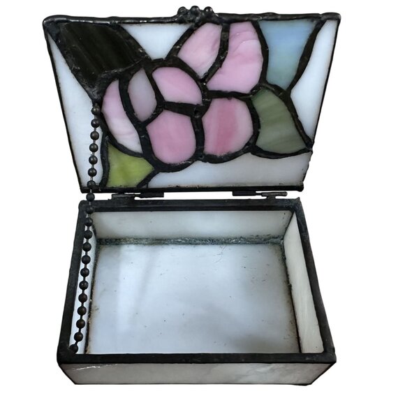 Vintage Small Floral Slag Glass Footed Trinket Box 1.75" Tall 1980s - Picture 7 of 7